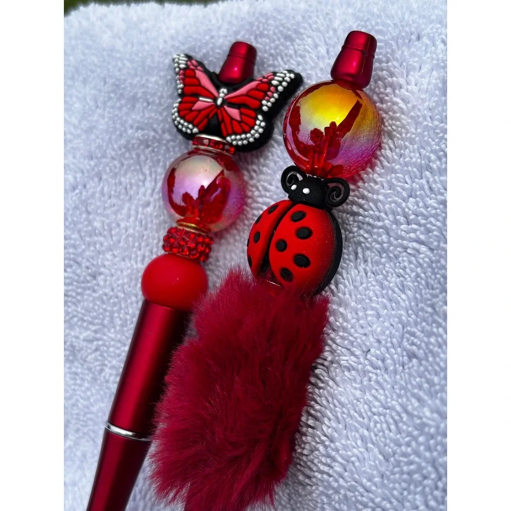 Handmade Beaded Pen Set Red Butterfly Ladybug I Have A Flight Plan Pom Pom 2pc
